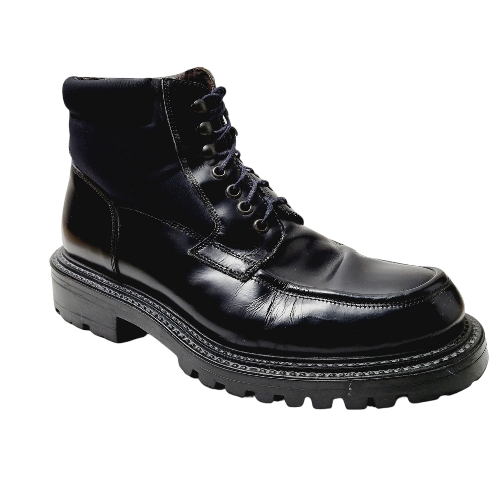 KENNETH COLE REACTION Black Leather Lug Sole Soldier Lace Up Combat Boots